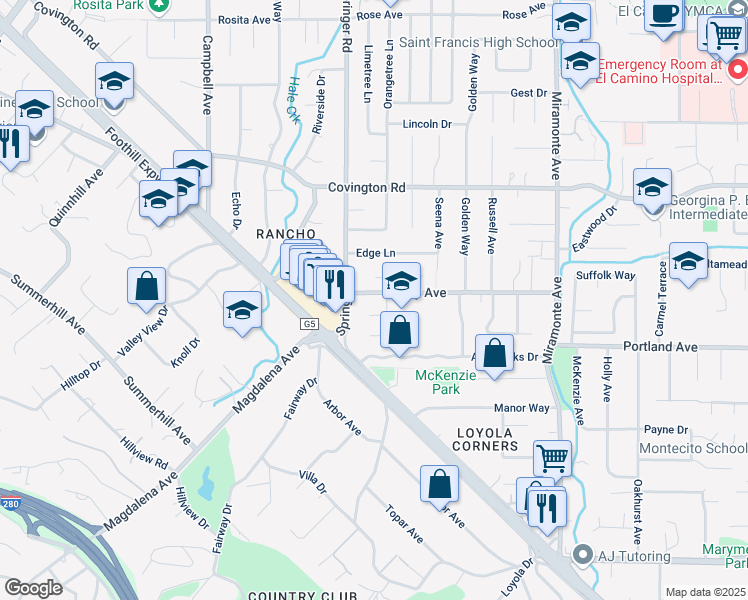 map of restaurants, bars, coffee shops, grocery stores, and more near 722 Brentwood Court in Los Altos