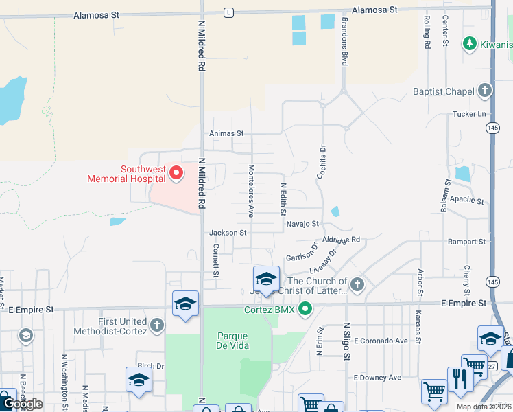 map of restaurants, bars, coffee shops, grocery stores, and more near 1217 Mesa Verde St in Cortez
