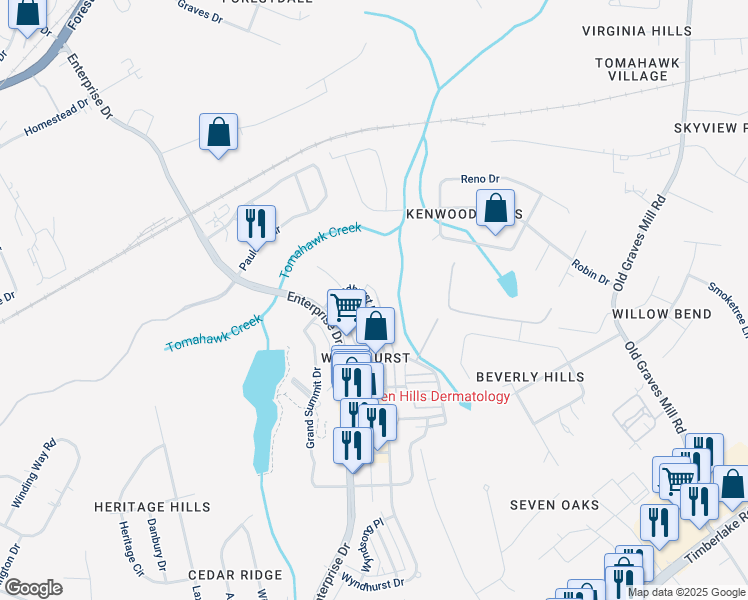 map of restaurants, bars, coffee shops, grocery stores, and more near 746 Wyndhurst Drive in Lynchburg