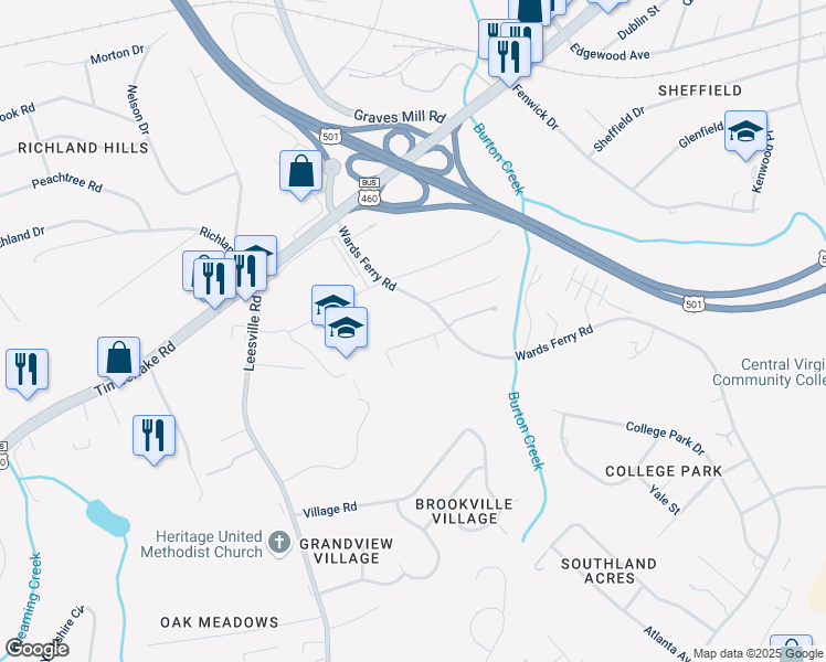 map of restaurants, bars, coffee shops, grocery stores, and more near 109 Aaron Place in Lynchburg