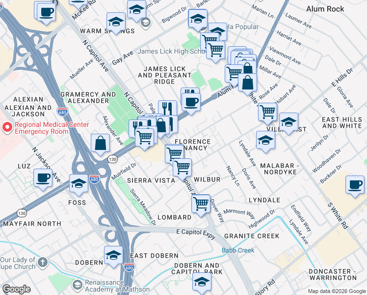 map of restaurants, bars, coffee shops, grocery stores, and more near 144 South Capitol Avenue in San Jose