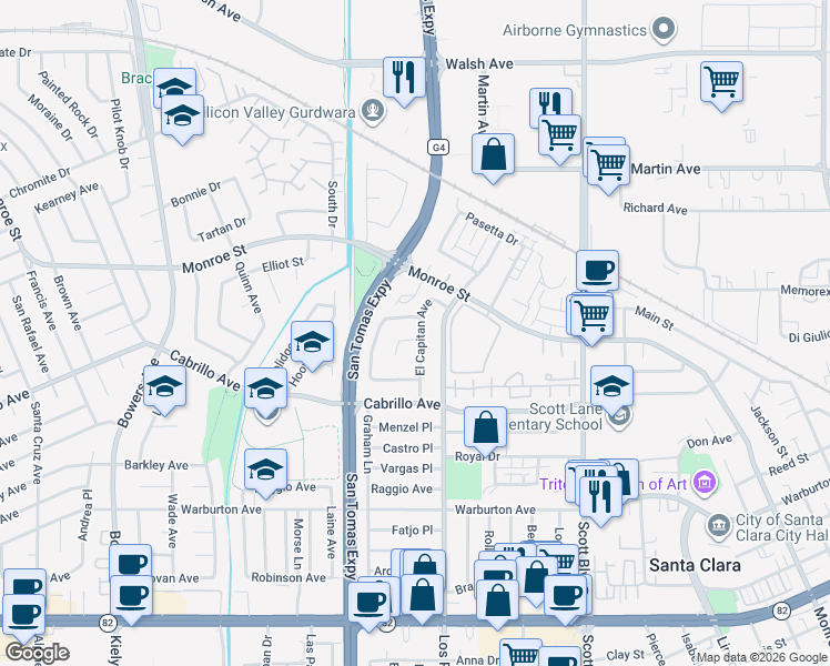 map of restaurants, bars, coffee shops, grocery stores, and more near 2374 Alberta Court in Santa Clara