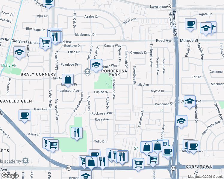 map of restaurants, bars, coffee shops, grocery stores, and more near 831 Henderson Avenue in Sunnyvale