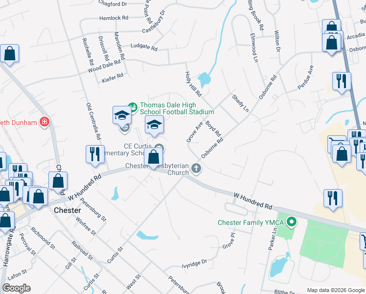map of restaurants, bars, coffee shops, grocery stores, and more near 3350 Grove Avenue in Chester