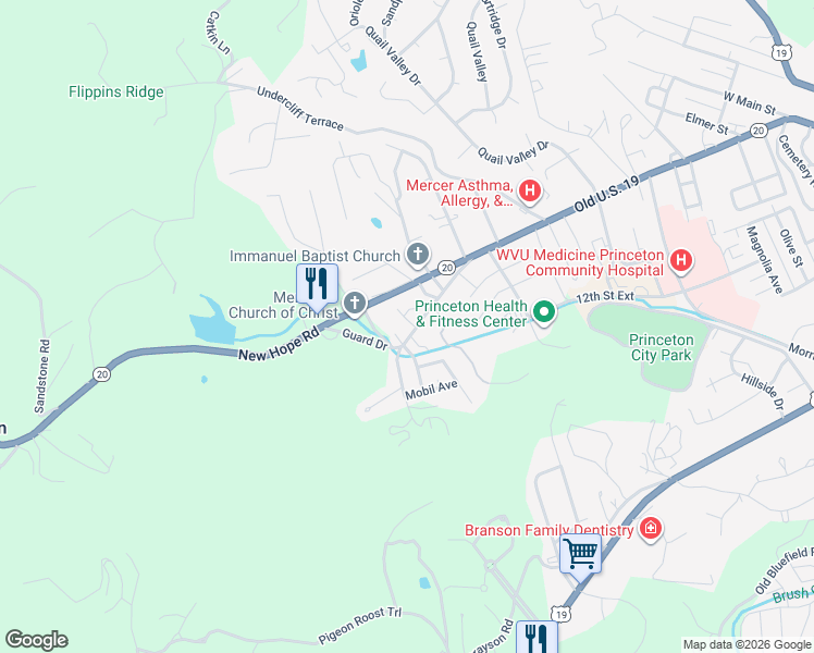 map of restaurants, bars, coffee shops, grocery stores, and more near Village Green in Princeton