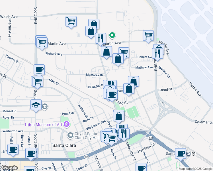 map of restaurants, bars, coffee shops, grocery stores, and more near 2012 Lafayette Street in Santa Clara