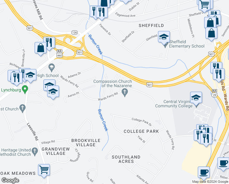 map of restaurants, bars, coffee shops, grocery stores, and more near 1824 Wards Ferry Road in Lynchburg
