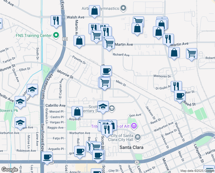 map of restaurants, bars, coffee shops, grocery stores, and more near 2157 Main Street in Santa Clara