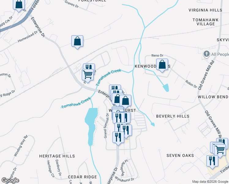 map of restaurants, bars, coffee shops, grocery stores, and more near 801 Wyndhurst Drive in Lynchburg