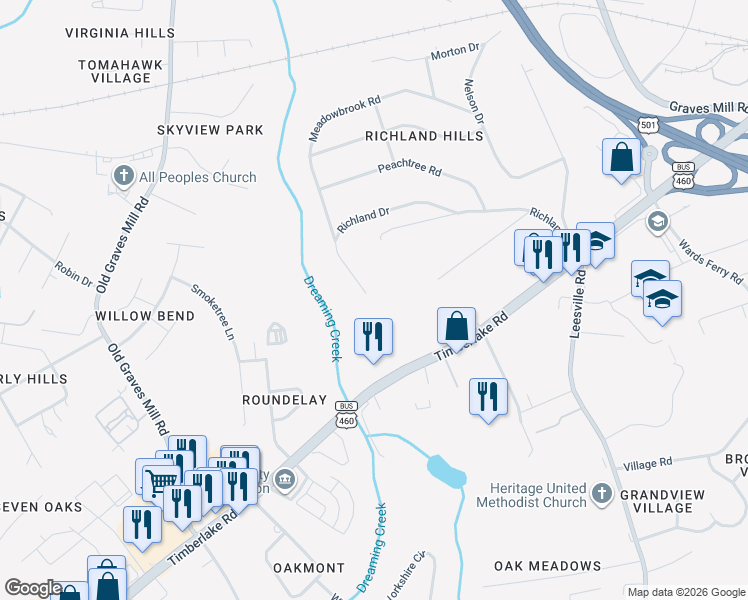 map of restaurants, bars, coffee shops, grocery stores, and more near 7217 Richland Drive in Lynchburg