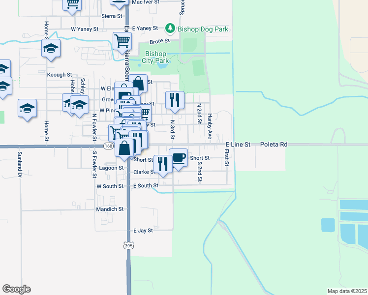 map of restaurants, bars, coffee shops, grocery stores, and more near 123 Moffett Drive in Bishop