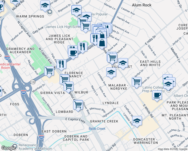 map of restaurants, bars, coffee shops, grocery stores, and more near 2989 Florence Avenue in San Jose