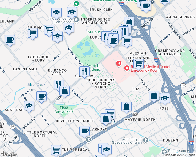 map of restaurants, bars, coffee shops, grocery stores, and more near 2133 Cerro Terbi Court in San Jose
