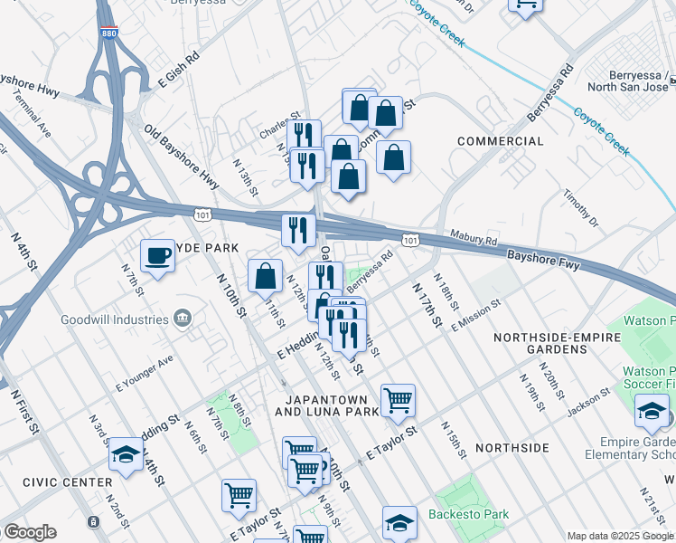 map of restaurants, bars, coffee shops, grocery stores, and more near 757 Modern Ice Drive in San Jose