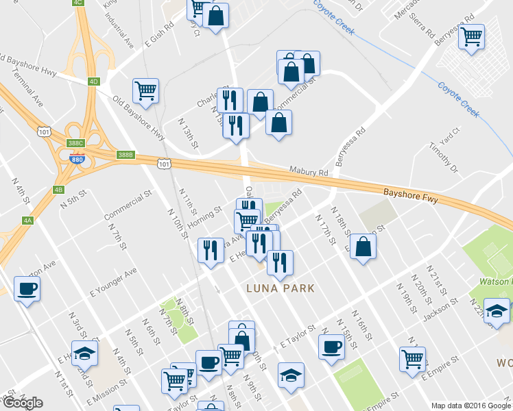 map of restaurants, bars, coffee shops, grocery stores, and more near 961 Pavilion Loop in San Jose