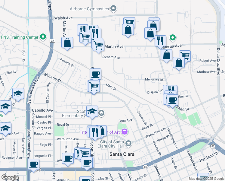 map of restaurants, bars, coffee shops, grocery stores, and more near 2131 Main Street in Santa Clara