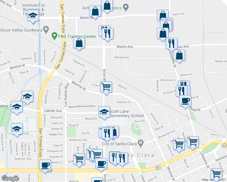 map of restaurants, bars, coffee shops, grocery stores, and more near 2138 Main Street in Santa Clara