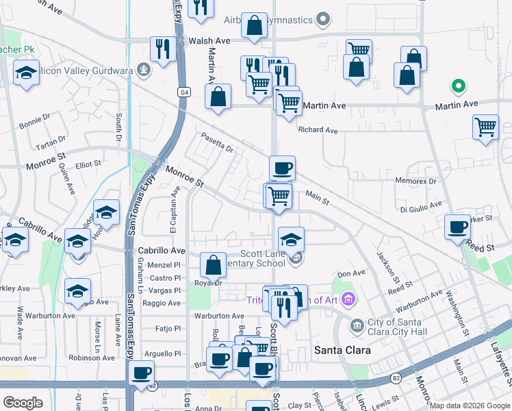 map of restaurants, bars, coffee shops, grocery stores, and more near 2112 Apperson Place in Santa Clara