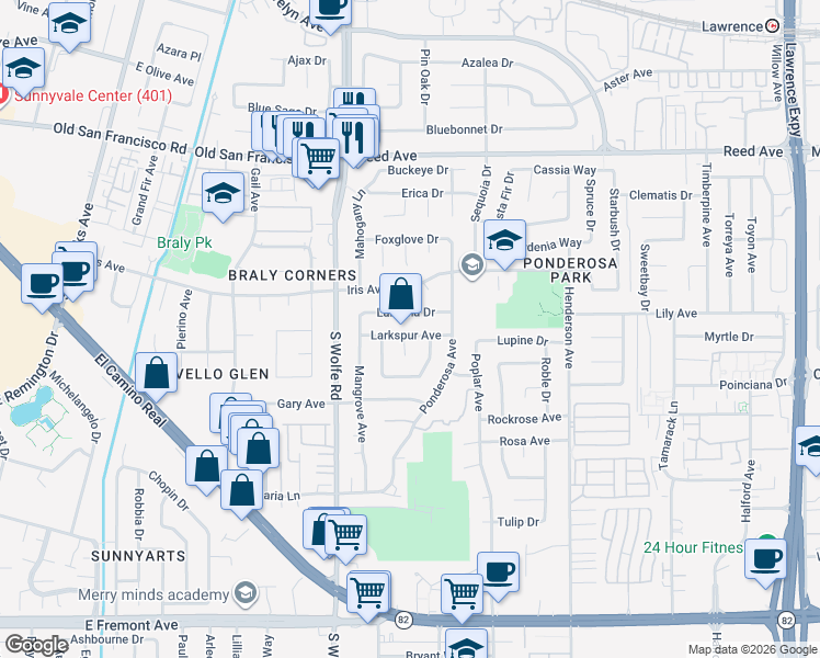 map of restaurants, bars, coffee shops, grocery stores, and more near 945 Lantana Drive in Sunnyvale