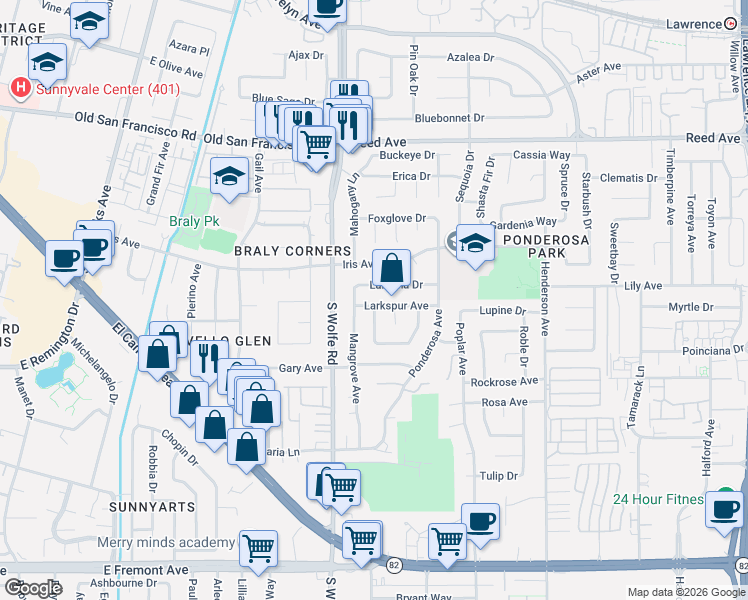 map of restaurants, bars, coffee shops, grocery stores, and more near 919 Lantana Drive in Sunnyvale
