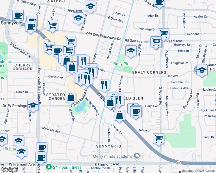 map of restaurants, bars, coffee shops, grocery stores, and more near 726 Golden Oak Drive in Sunnyvale