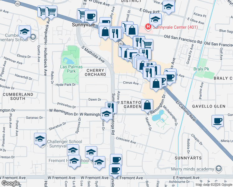 map of restaurants, bars, coffee shops, grocery stores, and more near 894 Zinfandel Way in Sunnyvale