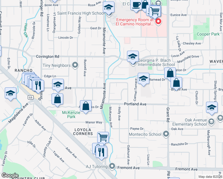 map of restaurants, bars, coffee shops, grocery stores, and more near 1110 Runnymead Drive in Los Altos