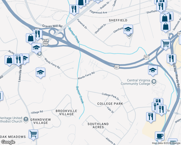 map of restaurants, bars, coffee shops, grocery stores, and more near 1844 Wards Ferry Road in Lynchburg