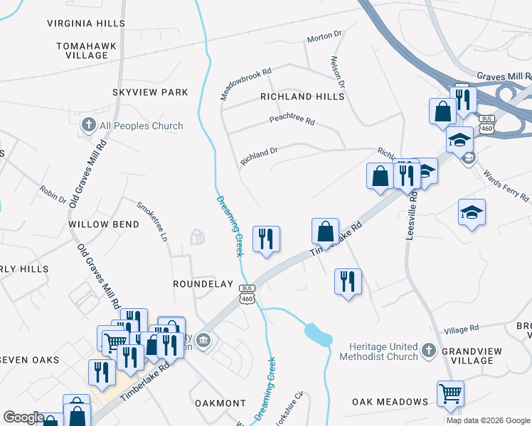 map of restaurants, bars, coffee shops, grocery stores, and more near 7217 Richland Drive in Lynchburg