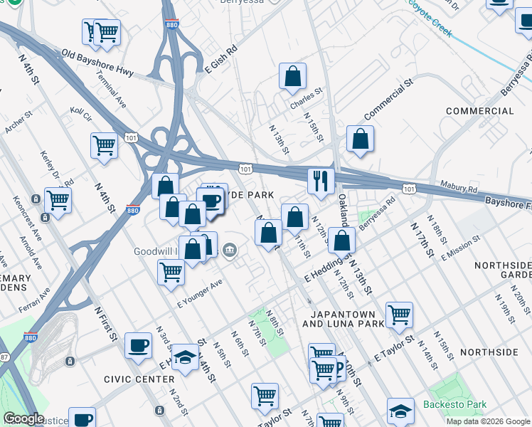 map of restaurants, bars, coffee shops, grocery stores, and more near 1076 N 10th St in San Jose