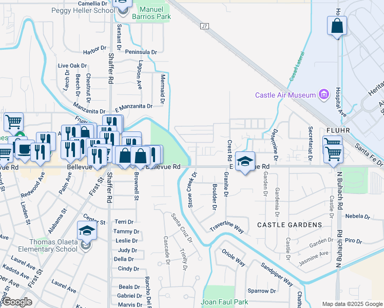 map of restaurants, bars, coffee shops, grocery stores, and more near 2900 Muir Avenue in Atwater