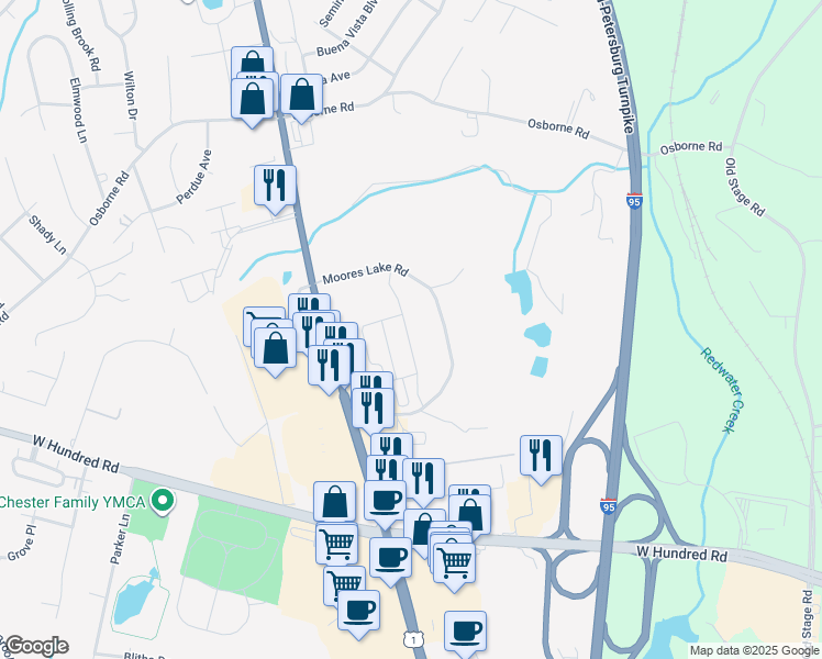 map of restaurants, bars, coffee shops, grocery stores, and more near 12111 Moores Lake Road in Chester