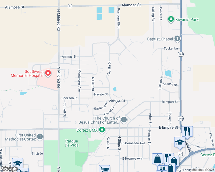 map of restaurants, bars, coffee shops, grocery stores, and more near 1217-1391 Cochita Street in Cortez