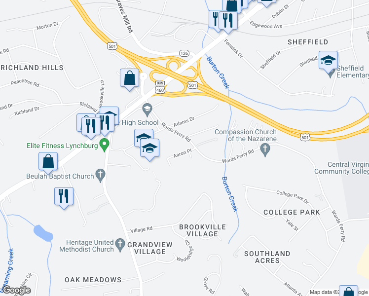 map of restaurants, bars, coffee shops, grocery stores, and more near 105 Aaron Place in Lynchburg
