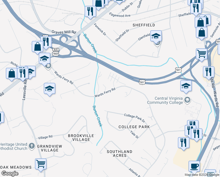 map of restaurants, bars, coffee shops, grocery stores, and more near 1844 Wards Ferry Road in Lynchburg