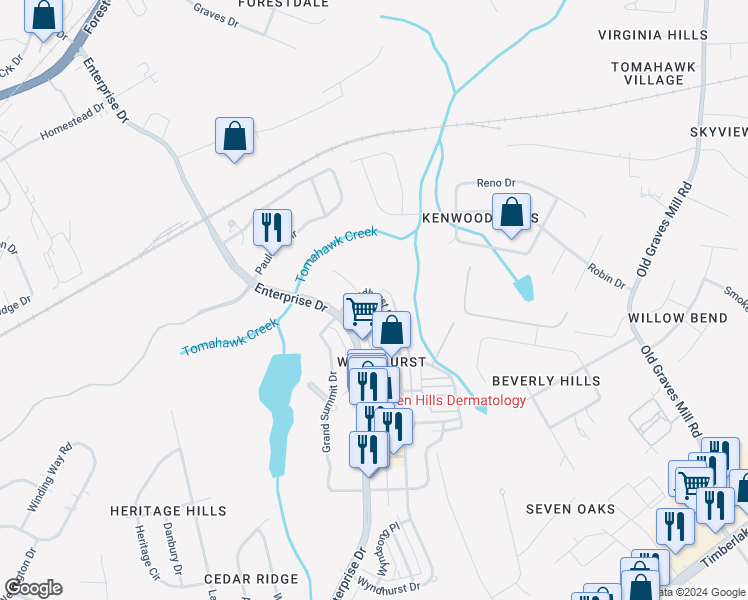 map of restaurants, bars, coffee shops, grocery stores, and more near 759 Wyndhurst Drive in Lynchburg
