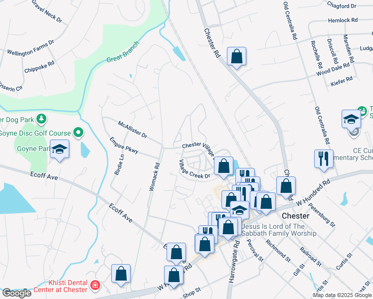 map of restaurants, bars, coffee shops, grocery stores, and more near 11400 Chester Village Drive in Chester