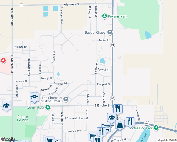 map of restaurants, bars, coffee shops, grocery stores, and more near 308 La Plata Place in Cortez