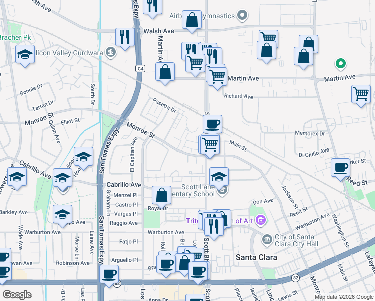 map of restaurants, bars, coffee shops, grocery stores, and more near 2014 Gammell Brown Place in Santa Clara