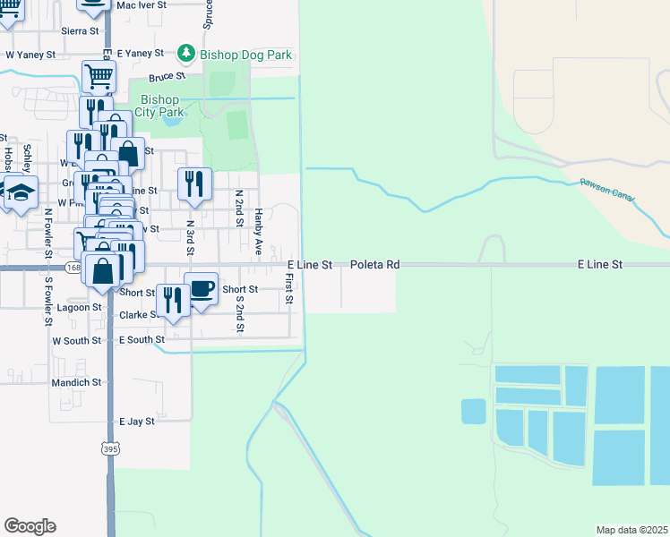 map of restaurants, bars, coffee shops, grocery stores, and more near 501-515 East Line Street in Bishop