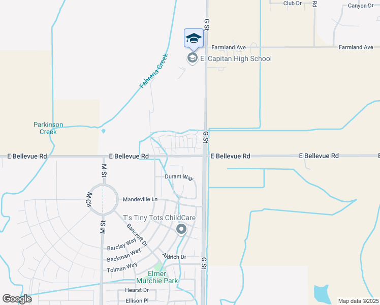 map of restaurants, bars, coffee shops, grocery stores, and more near 184 Montage Drive in Merced