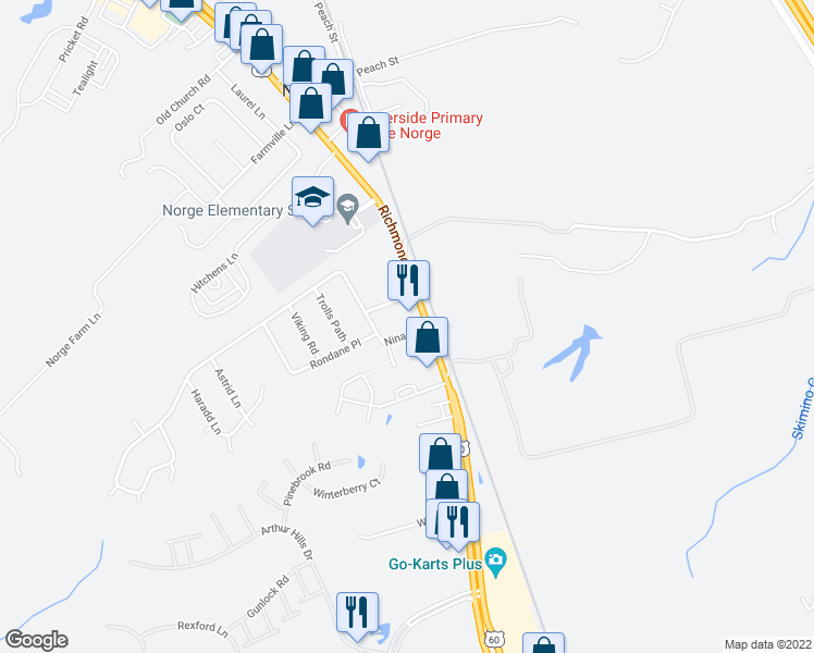 map of restaurants, bars, coffee shops, grocery stores, and more near 7191 Richmond Road in Williamsburg