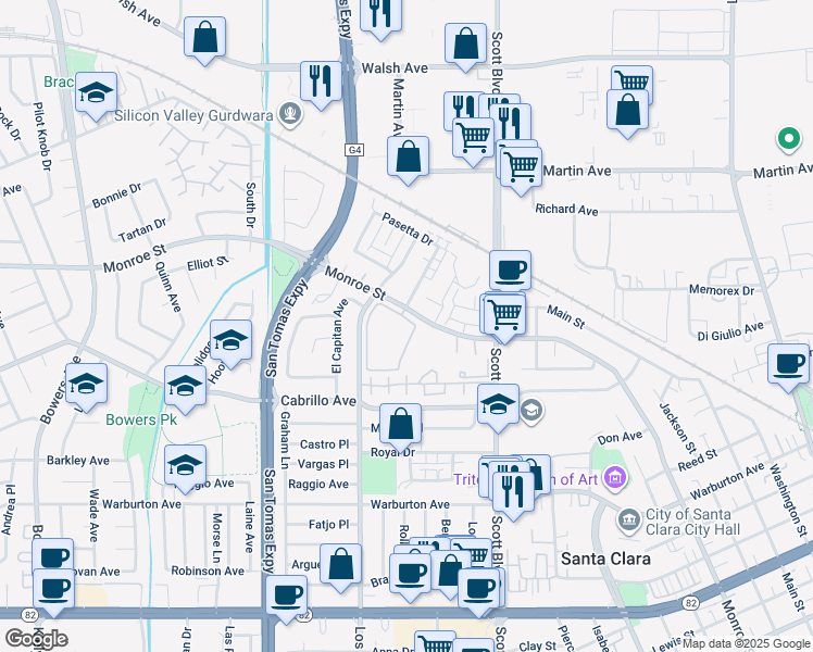map of restaurants, bars, coffee shops, grocery stores, and more near 2250 Monroe Street in Santa Clara