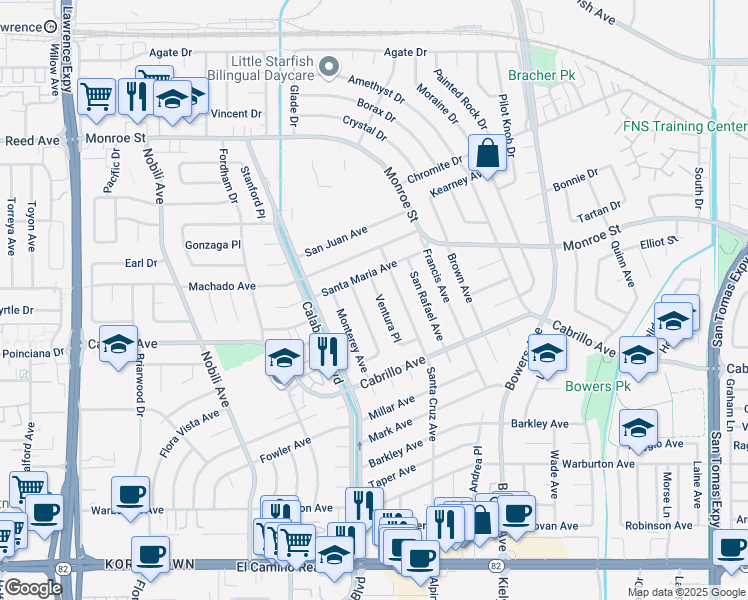 map of restaurants, bars, coffee shops, grocery stores, and more near 2215 Ventura Place in Santa Clara