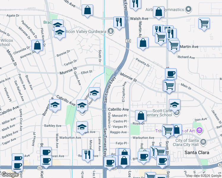 map of restaurants, bars, coffee shops, grocery stores, and more near 2124 Sheraton Drive in Santa Clara