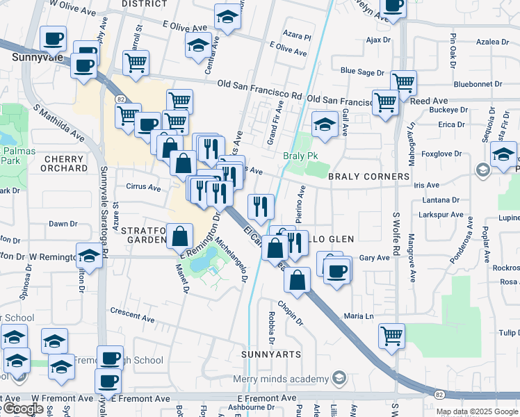 map of restaurants, bars, coffee shops, grocery stores, and more near 726 Golden Oak Drive in Sunnyvale