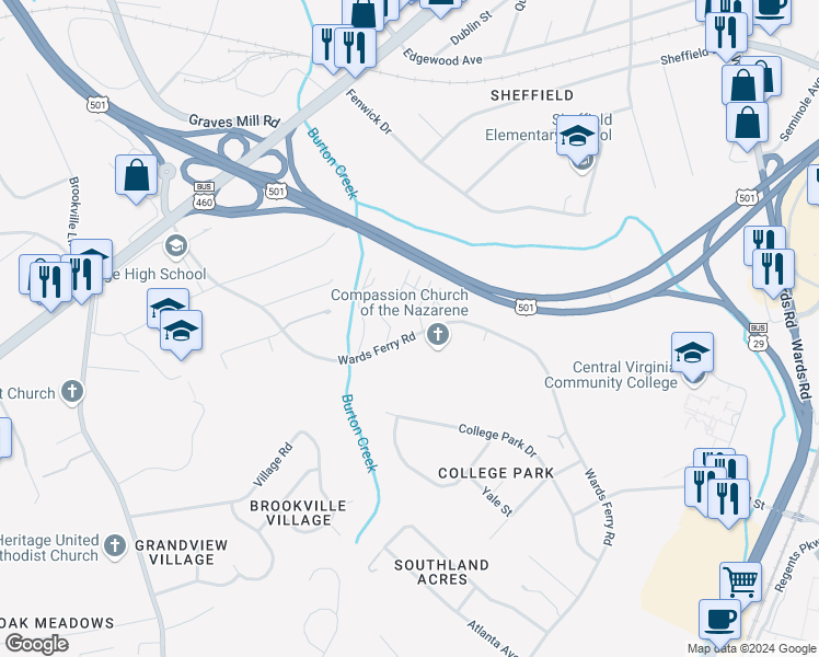 map of restaurants, bars, coffee shops, grocery stores, and more near 1844 Wards Ferry Road in Lynchburg