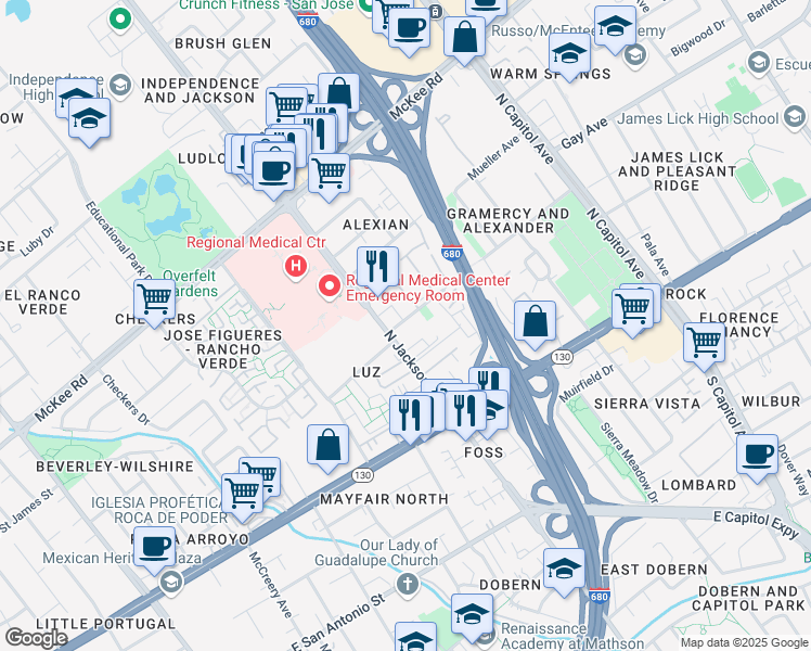 map of restaurants, bars, coffee shops, grocery stores, and more near 88 North Jackson Avenue in San Jose