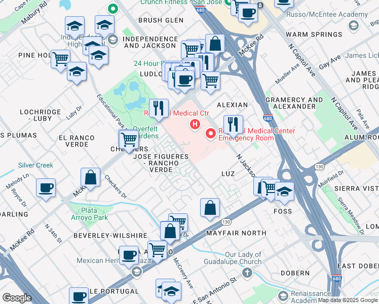 map of restaurants, bars, coffee shops, grocery stores, and more near 200 Jose Figueres Avenue in San Jose