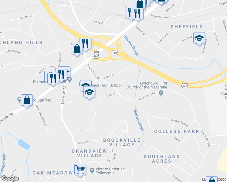 map of restaurants, bars, coffee shops, grocery stores, and more near 101 Aaron Place in Lynchburg